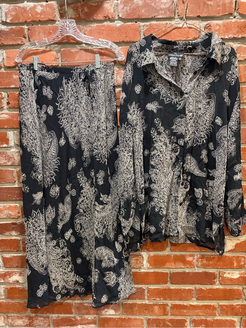 Vintage Carole Little II 2-Piece Skirt Set 18W 16W Black Cream Paisley Rayon USA